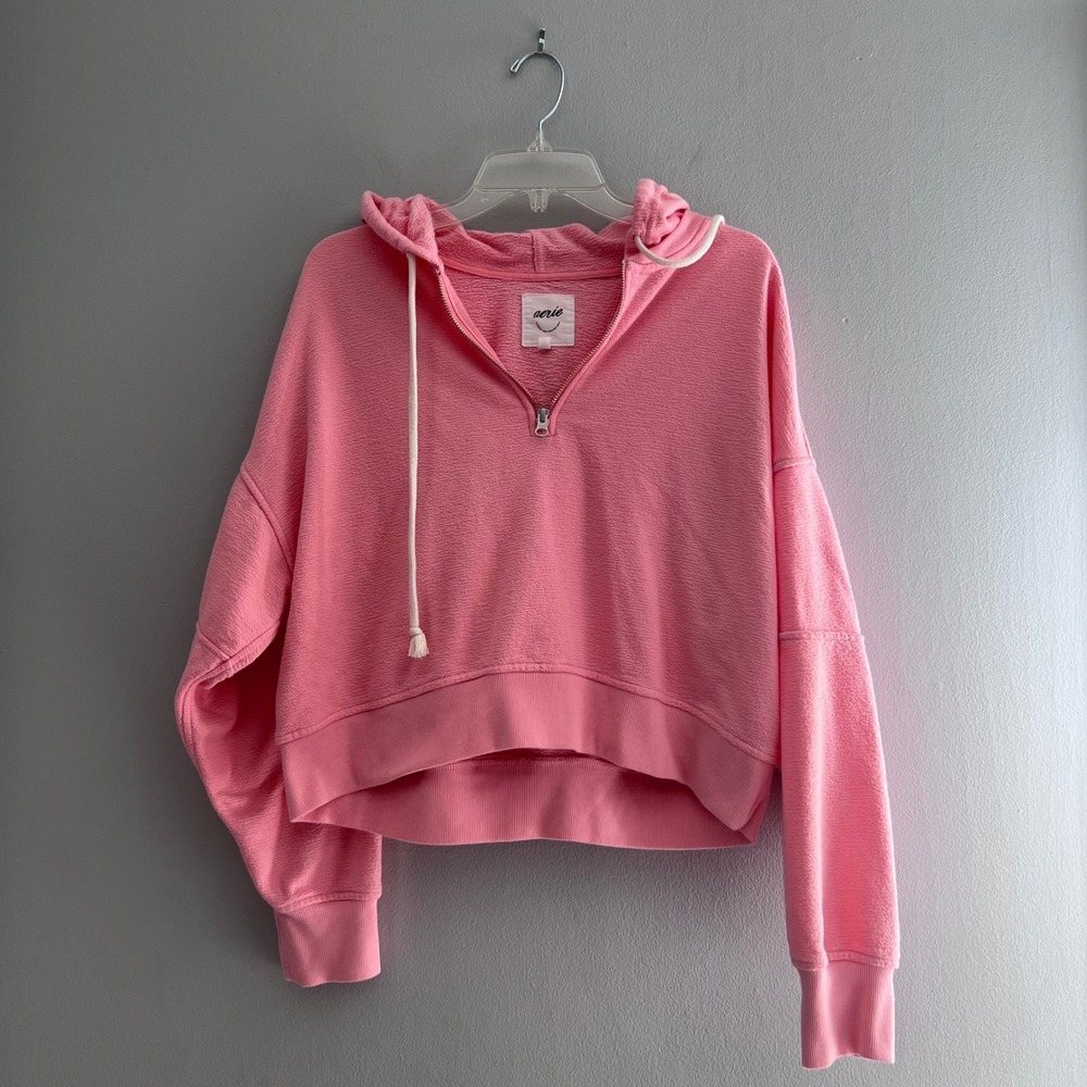 Aerie Womens Pink Textured Quarter Zip Cropped Hoodie Medium 0785-2848